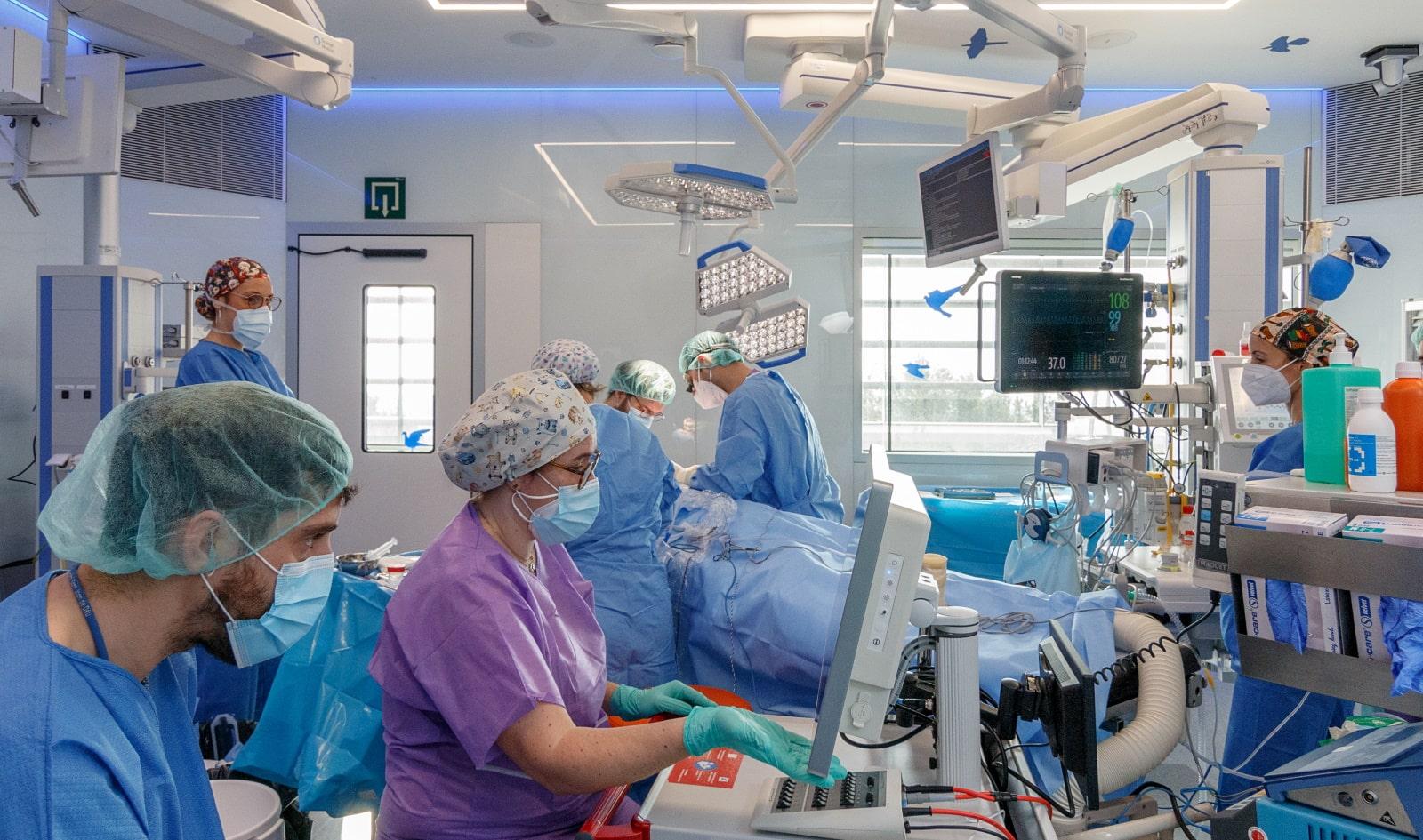 Medical professionals working in theatre during a surgical operation at the SJD Barcelona Children's Hospital