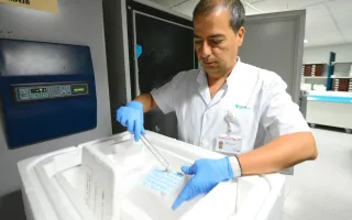 Profesional manipulando muestras en el biobanco del Hospital Sant Joan de Déu Barcelona Profesional manipulando muestras en el biobanco del Hospital Sant Joan de Déu Barcelona